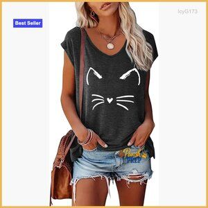 Women's V-Neck Cat Graphic T-Shirt Cotton Blend Casual Tee